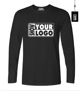 Kostenloser Versand Benutzer definierter Siebdruck Ihr Logo Baumwolle Langarm T-Shirt mit benutzer definierten Innen etiketten und kostenlosen Hänge etiketten