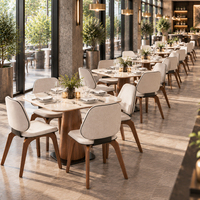 Ensemble de salle à manger conique en tweed beige 4 places, base conique en bois grainé, accent métallique, chaises rembourrées, pour hôtel et salon, personnalisable OEM