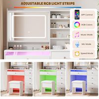 Ensemble de meubles de chambre à coucher modernes en bois blanc, coiffeuse avec plateau en verre, bande lumineuse RGB, miroir LED intelligent, station de charge