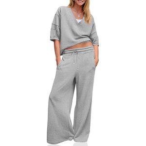 Fisoew Womens 2 Piece <b>Tracksuit</b> Set V Neck Top Wide Leg Pants Loose Casual Workout Outfit Adult Size - Product Image 1