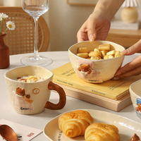Ensemble de petit-déjeuner en céramique fait main personnalisé avec un ours endormi mignon, tasse à café, bol, assiette, vaisselle pour la maison, la cuisine, l'usage quotidien