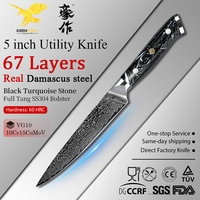 KEENHOPE Professioneel 5 Inch Japans Damascus Koksmes AUS-10 Draagbaar Utility Mes Zwart Turquoise Hars Handvat