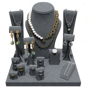 2024 Gray Microfiber Custom Jewelry Counter Display Tray Suede Necklace Pendant Jewellery Earrings Display Stand For Showcase