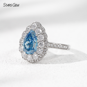 แหวนเพชรแล็บ 18k ทองคำขาว รูปทรงลูกแพร์ สีฟ้า แหวนหมั้นเพชรแล็บ - Product Image 2