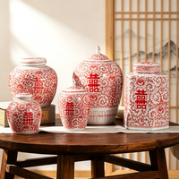 Pot de rangement en céramique vintage chinois rouge à motifs floraux entrelacés Double Bonheur, avec couvercle, pour la décoration du salon et de l'entrée