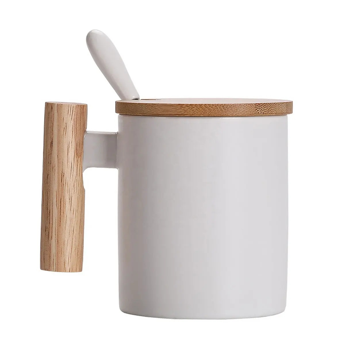 Ceramic Mugs Hot Sale Wooden Handle Coffee Mugs Eco-friendly Cup Travel Coffee Mug with Lid Spoon Gift Box