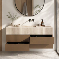 Meuble-lavabo mural Tostone de luxe en pierre calcaire beige, avec plateau cannelé, unité complète, style minimaliste, en marbre flottant et armoire en bois