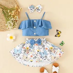 3-24 Months Suspenders Top Short skirt Summer Suit sweet Butterflies printed Wear Toddler Baby Girl Clothing Sets