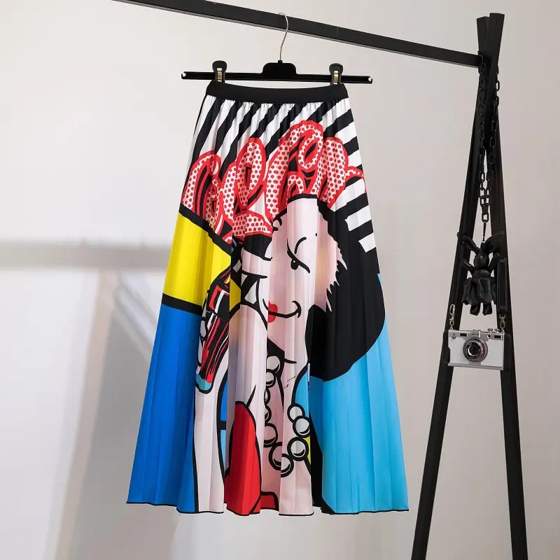 Wholesale 2024 Temperament Printing Summer High Waist Pleated Large Swing Skirt Slim Temperament Top Women's dress