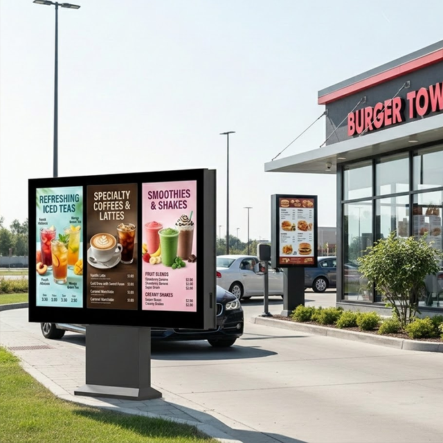 Drive-Thru Digital Menu Board Outdoor Commercial Display 2500 Nits High Brightness IP65 Waterproof 4K LCD Signage Screen Floor