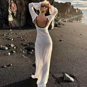 LIANMENG A508 Sexy Unique Party Wear Fashionable Cotton Holiday Crochet Long Sleeve Knitted Backless Beach Wear Midi Dress