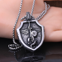 Collier pendentif unisexe en acier inoxydable plaqué argent, motif ange guerrier ailé et bouclier, serti griffe, Saint Michel Archange, chapelet