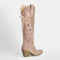 WETKISS Bottes Western à talon carré, hauteur genou, à lacets, style Loretta, avec strass roses, pour Cosplay