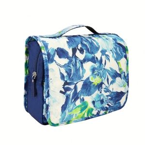 Women Custom Designer Blue Floral Zipper Foldable Large Capacity Travel Toiletry Makeup Cosmetic Bag With Hanging <b>Hook</b> - Product Image 2