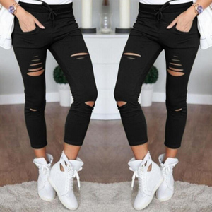 <span class=keywords><strong>Cargo</strong></span> Pantaloni Delle Donne di Modo Sottile A Vita Alta Elastica Skinny Rotto Foro Pantaloni Della Matita di Colore Solido Streetwear Pantaloni Delle Donne - Product Image 2