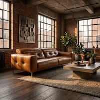 Canapé Chesterfield moderne en cuir véritable beige 3 places, minimaliste, luxe, appartement, villa, salon, hôtel, bureau, rembourré