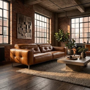 Sofá Chesterfield Moderno <span class=keywords><strong>de</strong></span> Cuero Genuino Color Bronceado, 3 Plazas, Minimalista, <span class=keywords><strong>de</strong></span> Lujo, para Sala <span class=keywords><strong>de</strong></span> Estar, Hotel, Oficina, Salón - Product Image 3