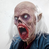 Masque de cosplay d'Halloween réaliste en latex avec yeux aveugles, dents de cochon, bouche sanglante et tête chauve blanche – Accessoire de costume de vampire