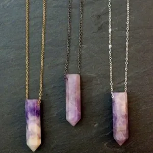 LS-A643 sparkly amazing raw natural amethyst pendant chain necklace point pendant necklace with silver/bronze/gold chain