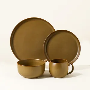 4 pièces de service de table en porcelaine de style nordique, assiettes et bols en céramique marron, ensembles de vaisselle européenne