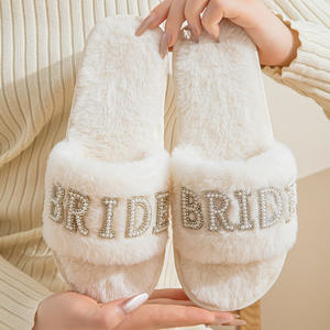 Pantoufles en peluche blanc chaud bout ouvert confortable moelleux je fais perle mariée pour les femmes - Product Image 5