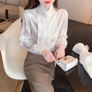 2025 mujeres Retro mejorado Hanfu satén Top Vintage <span class=keywords><strong>chino</strong></span> Jacquard Cheongsam para ropa de oficina Casual Tang traje <span class=keywords><strong>camisa</strong></span> - Product Image 3