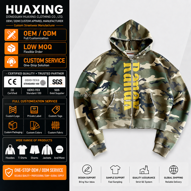 Wholesale Y2K Men Camo Full Zip Hoodie Distressed Raw Edge Boxy Cropped Heavyweight Cotton Fleece Streetwear Grunge Bulk OEM