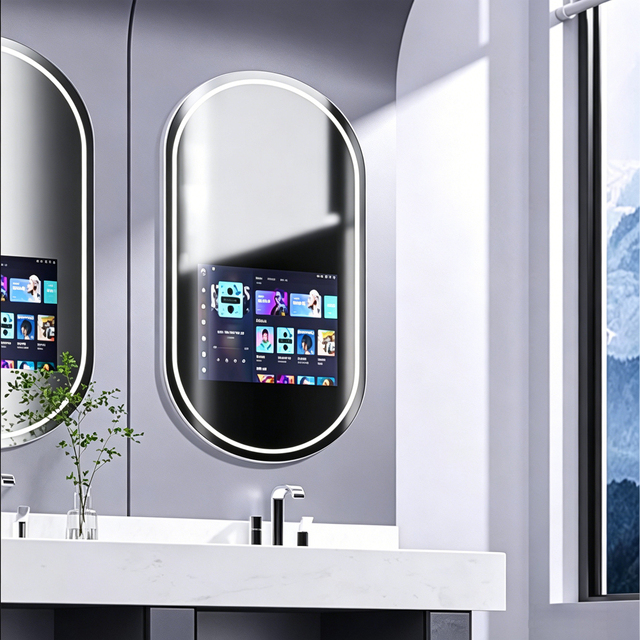 Smart Bathroom Mirror Advertising Machine Human Body Sensing Waterproof Vanity Mirror Android Led Lighting Bluetooth Speakers
