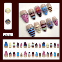 30 Unidades de Unhas Postiças Longas em Formato Amêndoa com Estampa de Listras, Poás, Laços 3D, Flores e Strass em ABS Reutilizáveis OEM