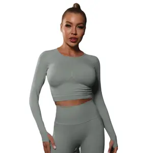 सर्वाधिक बिकने वाली महिलाओं के स्पोर्ट्सवियर एथलेटिक वियर स्पोर्ट्स कपड़े जिम फिटनेस सीमलेस लंबी आस्तीन वाली टी शर्ट योगा क्रॉप टॉप