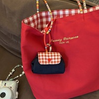 Gantungan Tas Earphone Kotak-kotak Merah Kecil Grosir, Lucu, Cantik, Portabel, Dompet Koin Mini