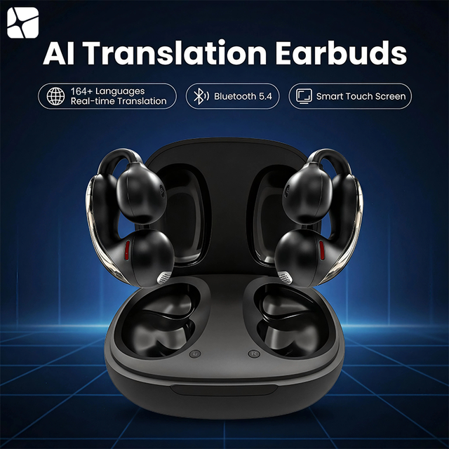 AI Real-time Voice Translator TWS Earbuds for 5.4 IPX5 Waterproof Digital Display Touch Control Surround Sound Flashlight