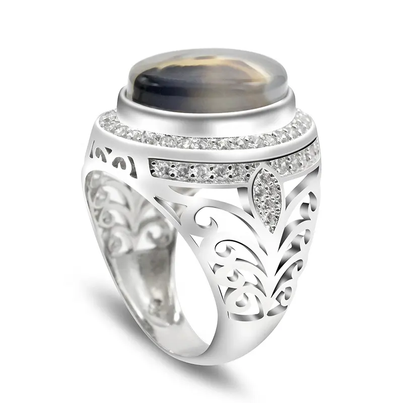주문 925 진짜 은 Textual 마노 CZ 빈 디자인 남자 반지, 남자를 위한 자연적인 원석 지르코니아 백색 Glod 도금된 반지