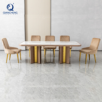 Ensemble de table à manger de luxe en acier inoxydable avec finition bois, 8 places, meubles de Foshan Chine, table à manger en marbre, chaise