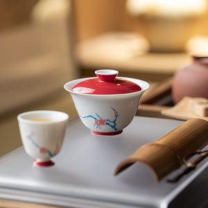 Guanlan Double Layered Covered <b>Teacup</b> Red Glaze Porcelain Plum Blossom Design Gaiwan For Kung Fu Tea Set - Product Image 4
