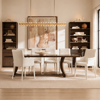 Ensemble de table à manger rectangulaire extensible de luxe discret et élégant avec pieds arqués raffinés, base en tréteau et fauteuils
