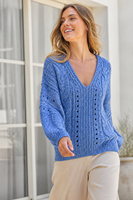 Pull en tricot col en V pour femme, 3G, 100% laine, bleu, motif torsadé ajouré, coupe lanterne ample, pour l'automne et l'hiver