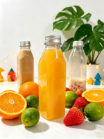 Bouteille carrée transparente en PET de 350 ml de qualité alimentaire avec couvercle à vis en aluminium vide pour l'emballage de jus, de lait et de thé
