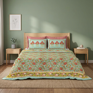 Parure de lit imprimée sur écran en coton indien, motif floral, faite à la main à Jaipur, style bohème, taille King, respirante, toutes saisons, décoration intérieure - Product Image 1
