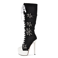 Bottines gothiques pour femmes à plateforme noire et blanche, hauteur genou, avec boucles étoiles métalliques, lacets avant, fermeture éclair latérale, talon aiguille ultra fin