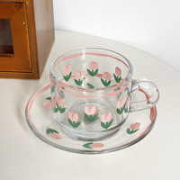 Ins Set cangkir kopi dan piring kaca Tulip Retro Perancis, Set cangkir teh siang bunga panas Korea