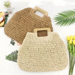 Vintage Paper Straw Crochet Handbags <b>Large</b> Capacity Shopping <b>Beach</b> Tote <b>Bag</b> Women Lady Summer Casual Dress <b>Bag</b> With Wood Handle - Product Image 4