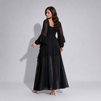 Robe longue décontractée noire grande taille en mousseline, col cœur, manches longues évasées, fente latérale, taille naturelle, coupe ample, lavable