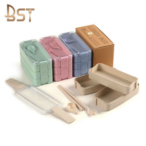 Tiffin Bento Boxes Set Wheat Straw Biodegradable School 3 Layer Lunch Box With Spoon Fork