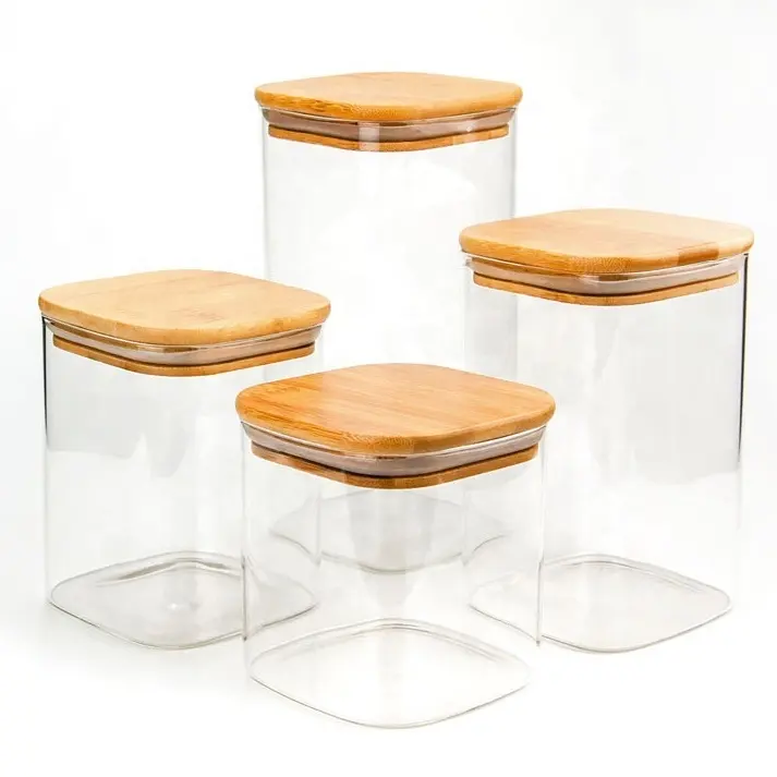 Airtight Kitchen Storage Square Jars Set Glass Food Storage Containers with Bamboo Lids