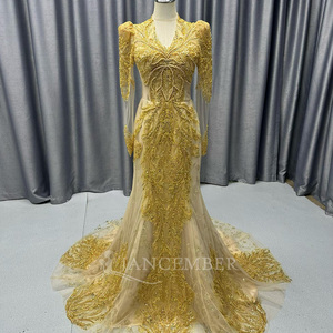 Lscm100 Luxury Gold Mermaid Evening Dress Heavy Beaded <b>Sequin</b> Applique Sheer Long Sleeve V Neck Formal Gown Jancember - Product Image 4