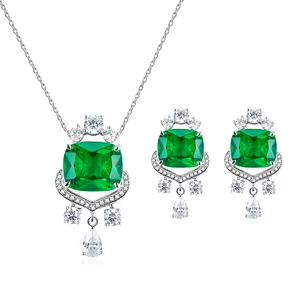 Luxury Cubic Zirconia Pendant Set Jewelry S925 Silver Necklace Pendant Earrings Jewelry Green Emerald Gem Necklace Earrings Sets