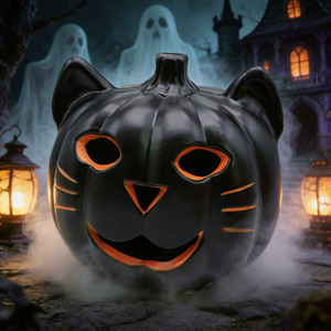 <strong>Halloween</strong> <strong>Cat</strong> Shaped Jack O Lantern Decor, Light Up Black <strong>Cat</strong> Pumpkin Lantern For Indoor Outdoor Home Porch - Product Image 1