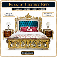 Lit en tissu français - Lit double princesse sculpté en bois massif de 1,8 mètre - Idéal pour la chambre principale d'une villa de luxe