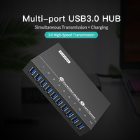 Sipolar A-103 Hub USB 3.0 Industrial de 10 Puertos, 5Gbps de Alta Velocidad, Hub de Datos USB con Alimentación, Expansor para Discos Duros